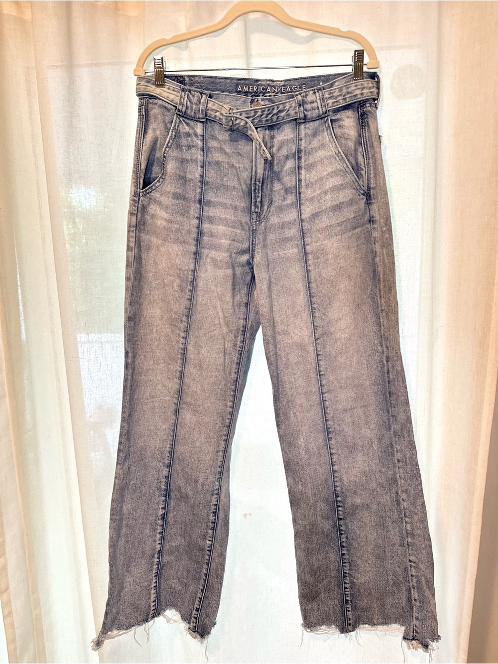American Eagle Wide-Leg Flare Boho Raw Hem Belted Denim Jeans 12